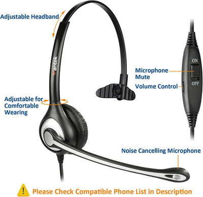 Wantek Telefon Headset Mono mit Noise Cancelling Mikrofon, Quick Disconnect, Call Center Kopfhörer f