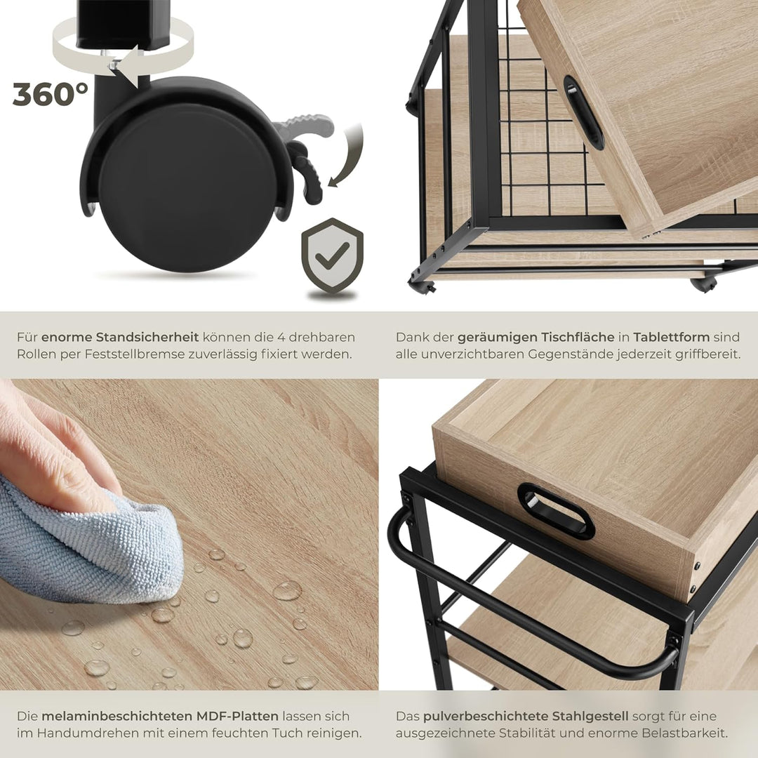 tectake® Servierwagen mit Rollen, abnehmbares Tablett, Kitchen Trolley 65 x 41,5 x 87 cm, Küchenwage