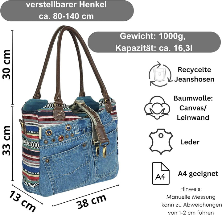 Sunsa Damen Nachhaltige Handtasche aus recycelte Jeans Canvas & Leder. Vintage Still grosse Schulter