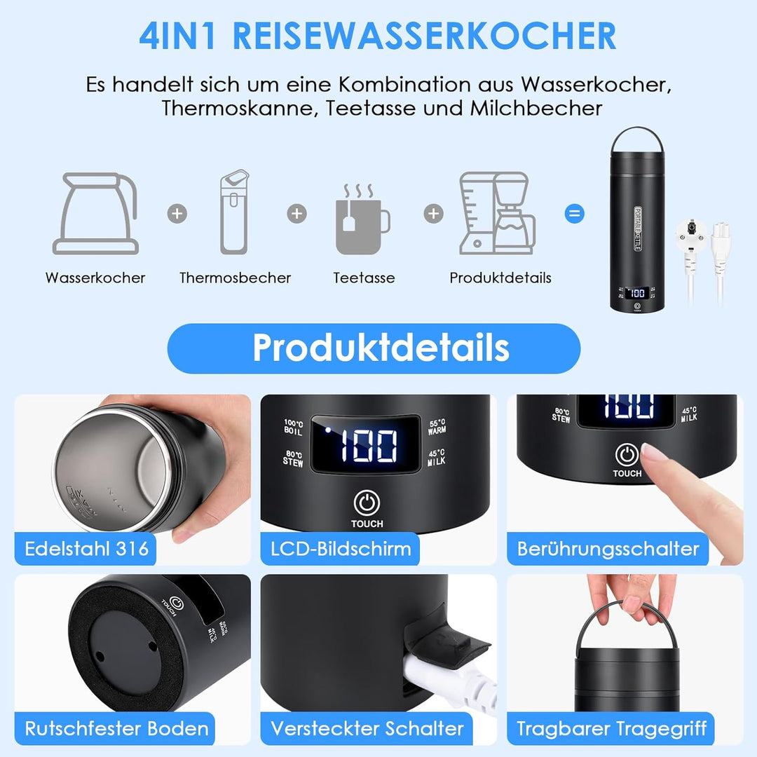 Dreamhigh® Reisewasserkocher, 450ml Mini Wasserkochers, 300W Wasserkocher Klein aus Edelstahl, Reise