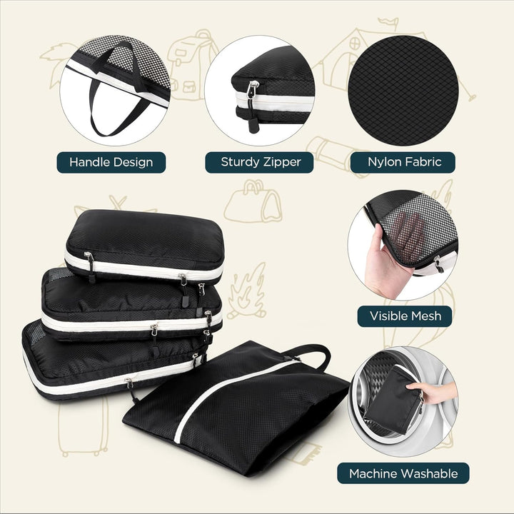 Cozary Kompressions-Packwürfel mit Schuhbeutel 4er-Set, Doppelseitig Kofferorganizer Handgepäck Pack