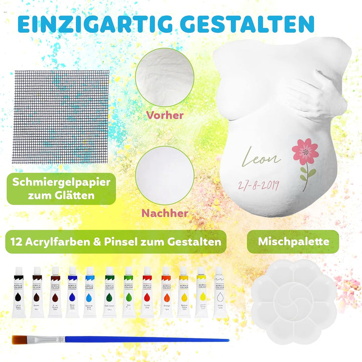 Hipsty Gipsabdruck Babybauch Set mit (23m) Gipsbinden, 12 Acrylfarben & vielem mehr | Der Bauchabdru