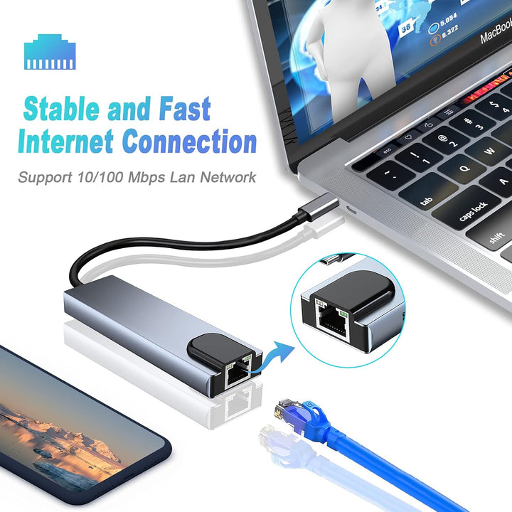 USB C Hub Multiport Adapter, 5 in 1 USB C Docking Station mit 4K HDMI, RJ45 Ethernet, USB3.0, 100W P