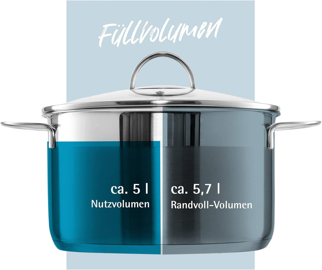 GRÄWE Kochtopf inkl. Glasdeckel, 5 l, Spülmaschinengeeignet, Topf für Induktion, gross, Edelstahl, Ø