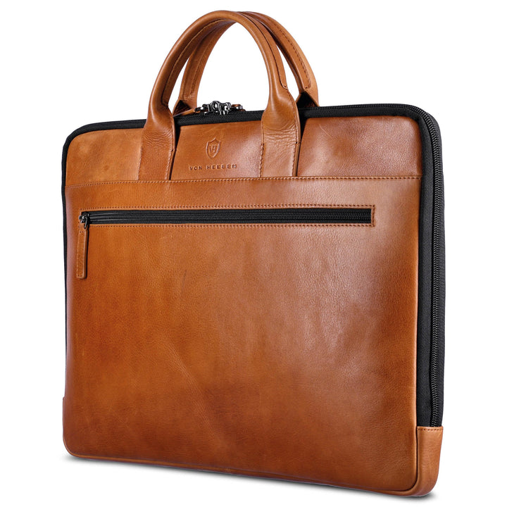 VON HEESEN Leder Aktentasche Laptoptasche bis 16 Zoll aus hochwertigem Nappa-Leder Cognac Braun (Gla