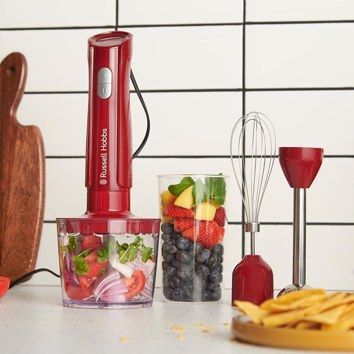 Russell Hobbs Stabmixer [3-in-1: Mixer,Schneebesen & Zerkleinerer/Pürierstab] Desire Red (600ml Mixb