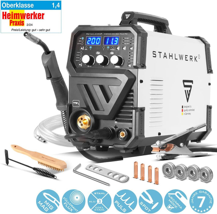 STAHLWERK Schweissgerät MIG MAG 200 Spot Puls Pro, Vollsynergischer IGBT Inverter, 5 in 1 Kombigerät