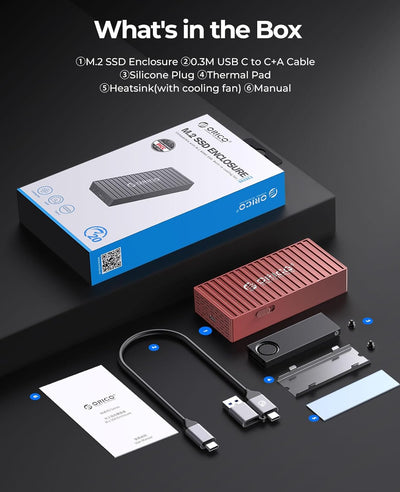 ORICO M.2 20Gbps NVME SSD Gehäuse, Werkzeugfreier USB3.2 Gen2x2 USB C Adapter Externer Case mit 2-in