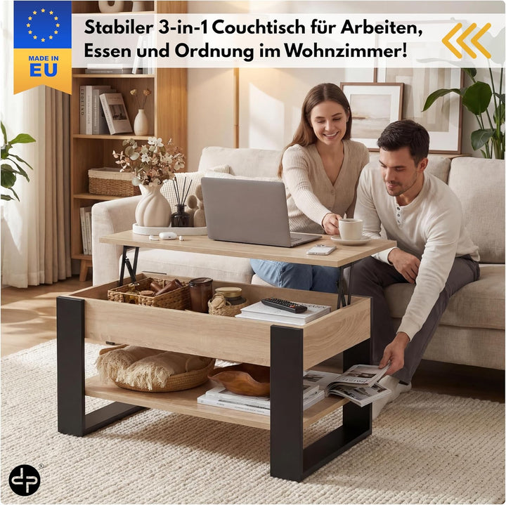 defiPad Couchtisch Höhenverstellbar mit Stauraum, Wohnzimmertisch Sonoma Eiche-Schwarz mit Liftfunkt