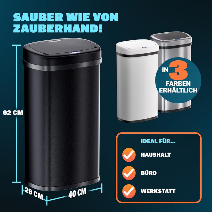Monzana® Mülleimer mit Sensor Küche 50L Edelstahl Automatik Deckel Klemmring inkl. USB-Kabel Abfalle