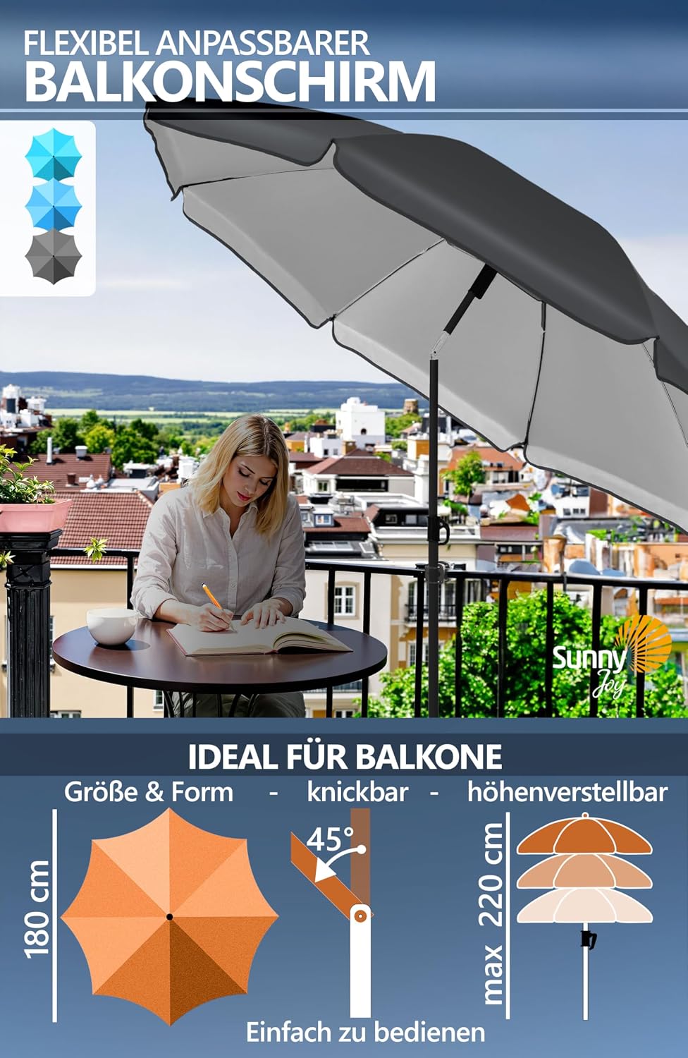 4smile Sonnenschirm Balkon SunnyJoy, 3-in-1 SET, Anthrazit - UPF 50+ Sonnenschirm Ø 180 cm + Sonnens