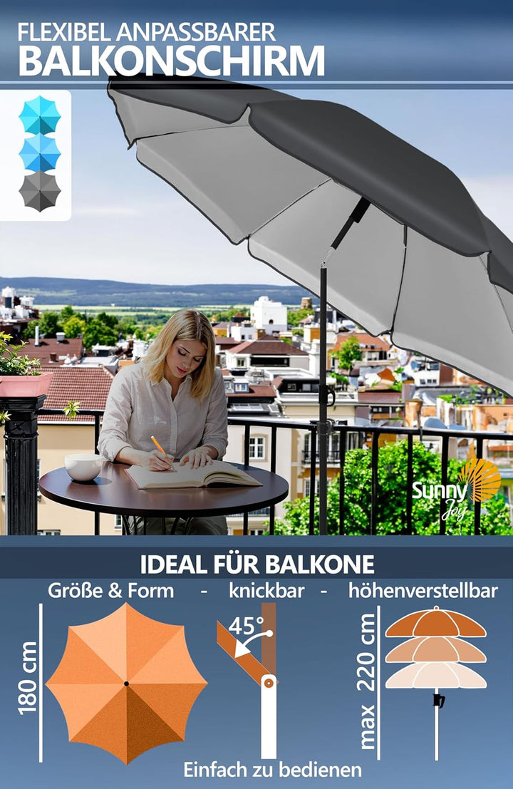 4smile Sonnenschirm Balkon SunnyJoy, 3-in-1 SET, Anthrazit - UPF 50+ Sonnenschirm Ø 180 cm + Sonnens