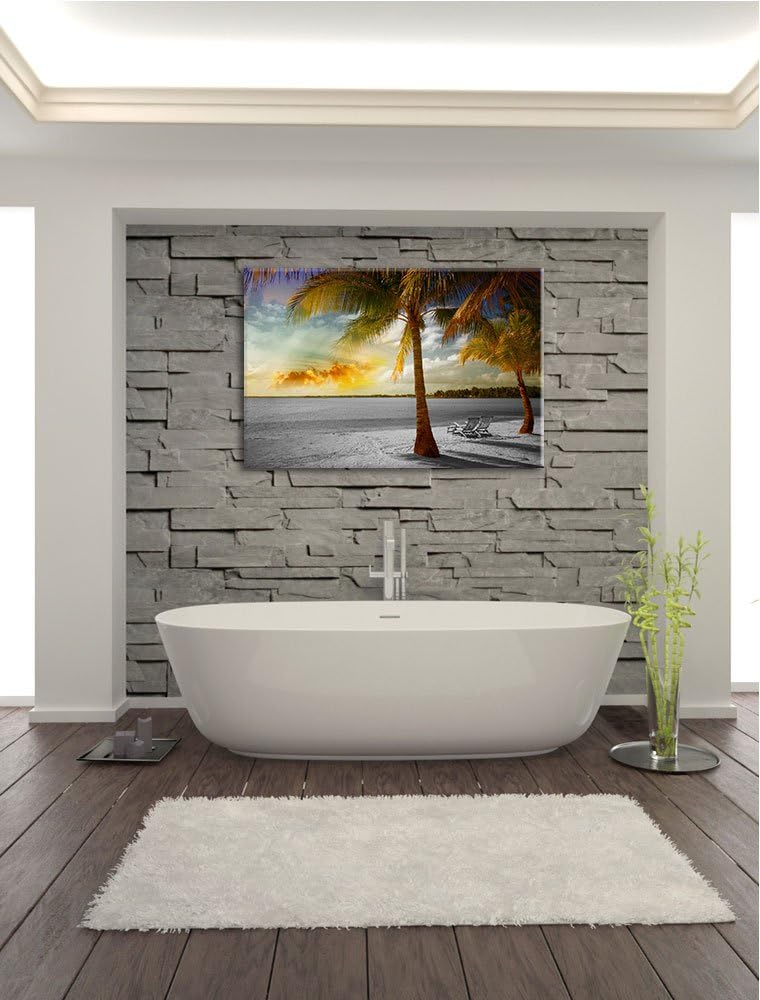 Liegestühle am Strand mit Palmen schwarz/weiss Format: 100x70 auf Leinwand, XXL riesige Bilder ferti