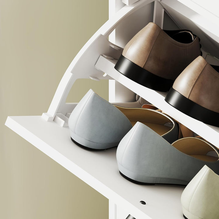 HOMCOM Schuhschrank mit 3 Klappen, Schuhregal mit Verstellbar Trennwand, Schuhkommode Schmal Schuhki