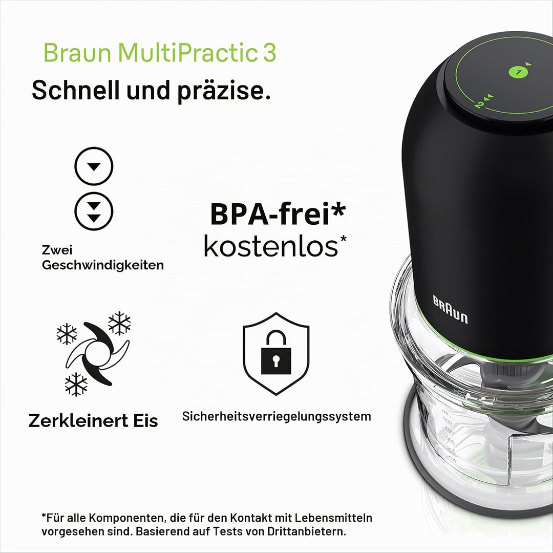 Braun MultiPractic 3 CH3011BK Zerkleinerer mit 4 Edelstahlklingen, One-Push-Funktion, Eiszerkleinere