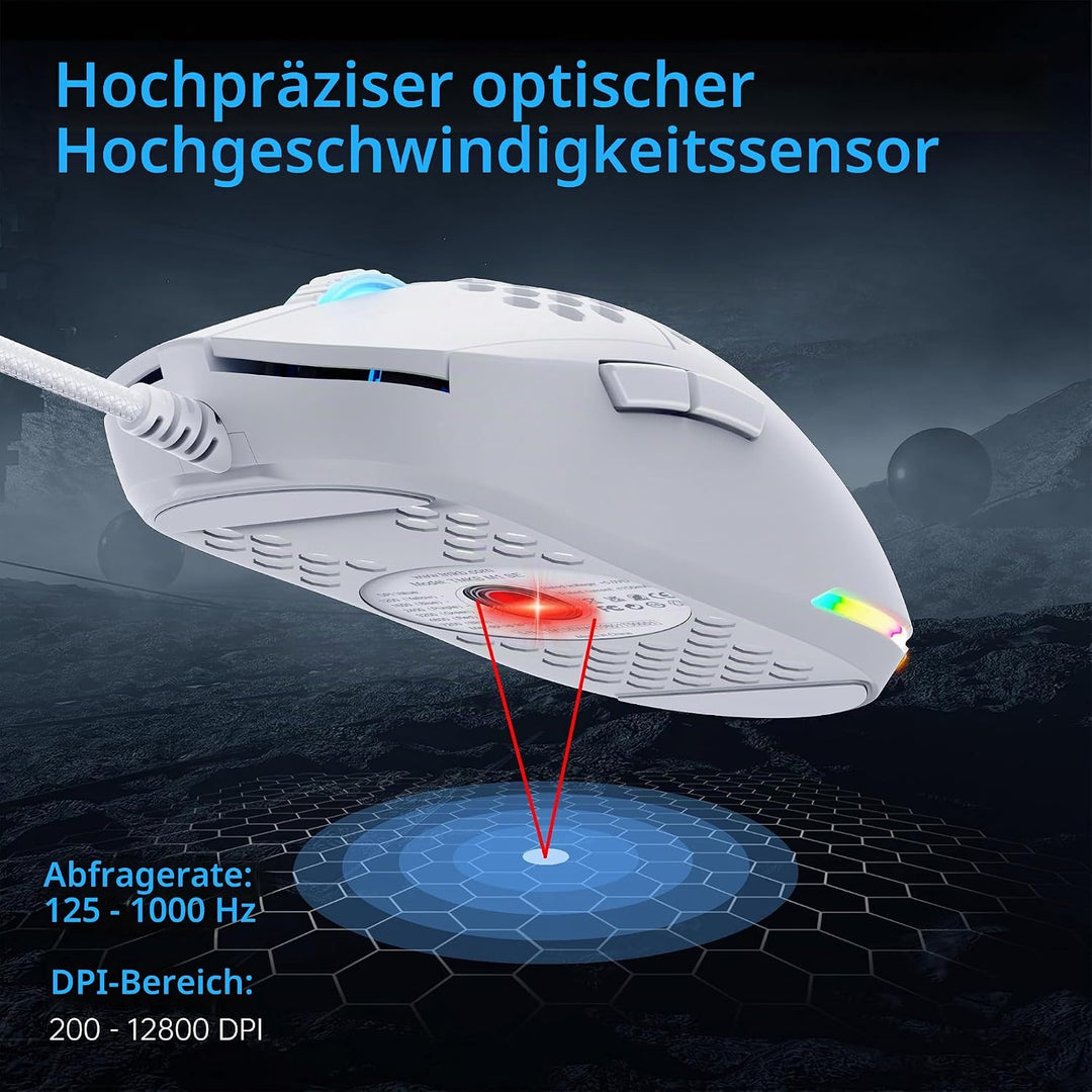 Dierya M1SE Gaming-Maus mit Kabel, Gaming Mouse für PC, 12800 DPI, Weiss | Präziser optischer Sensor