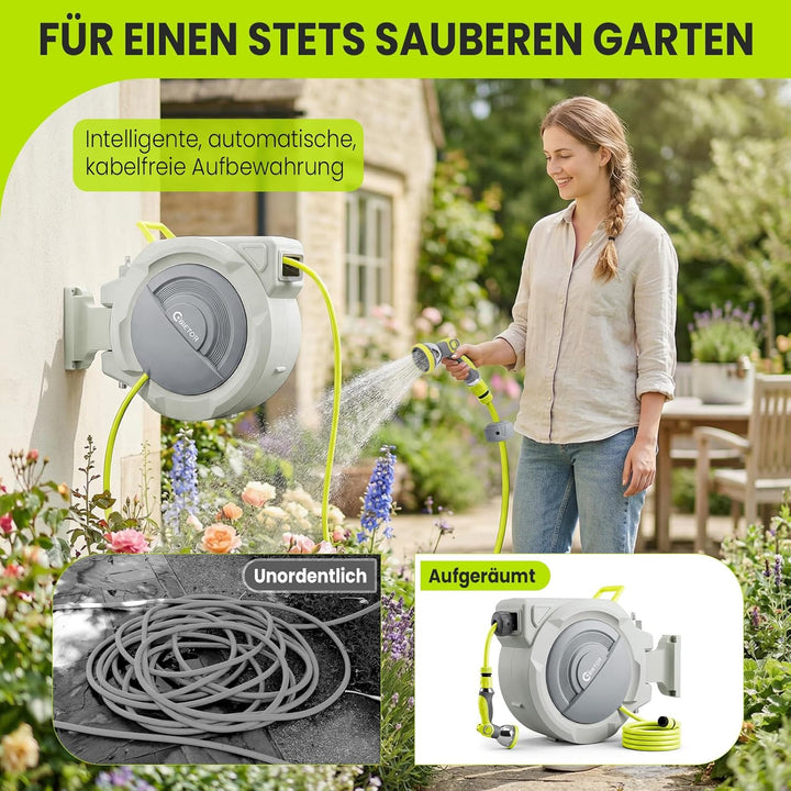 Schlauchtrommel Wasser 30m + 2m, 180° Schwenkbar Wand-Schlauchbox, Automatischer Gartenschlauch trom