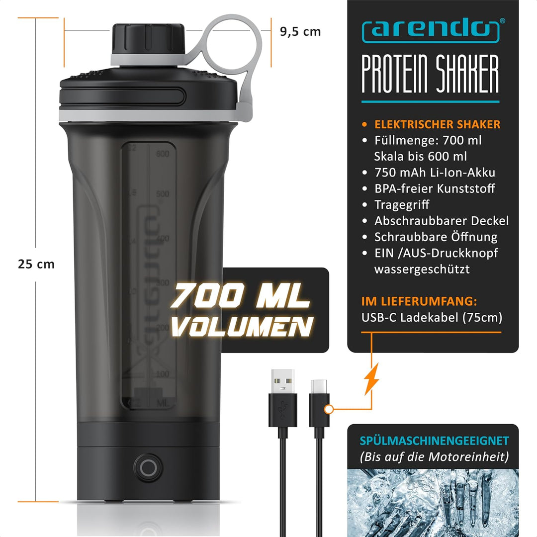 Arendo - Protein Shaker mit Akku - Eiweiss Shaker elektrisch 700ml – BPA frei – Drink Mixer to Go –
