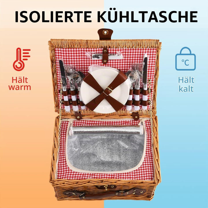 EIRONA Willow Hamper Picknickkorb für 4 Personen mit isoliertem Kühlfach und wasserdichter Decke, Be