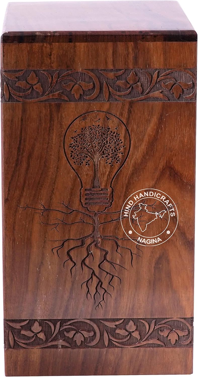 Holzurne mit Blumenmotiv, graviert, für menschliche Asche, für Erwachsene, gross – Holzbeerdigungsur
