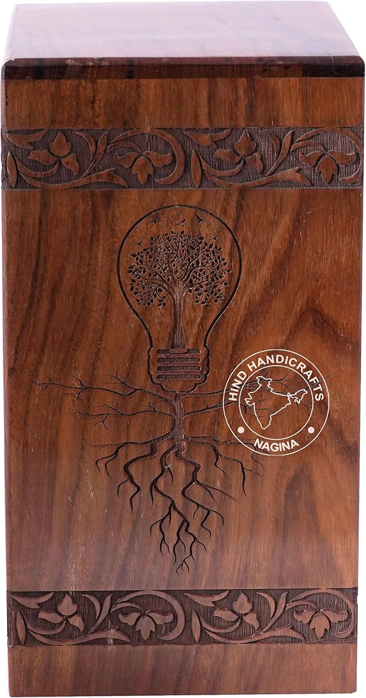 Holzurne mit Blumenmotiv, graviert, für menschliche Asche, für Erwachsene, gross – Holzbeerdigungsur