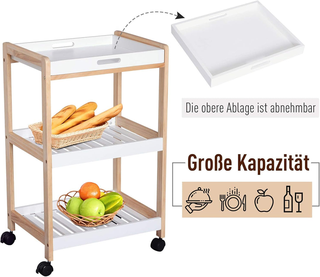 HOMCOM Küchenrollwagen Küchenwagen rollbar Küchentrolley Servierwagen abnehmbares Tablett Bambus + M