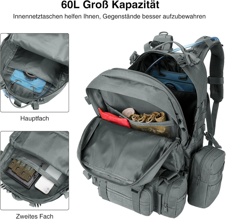 Taktischer Rucksack, 60L Militär Armee Rucksack, grosser Survival Molle Tagesrucksack für Herren und