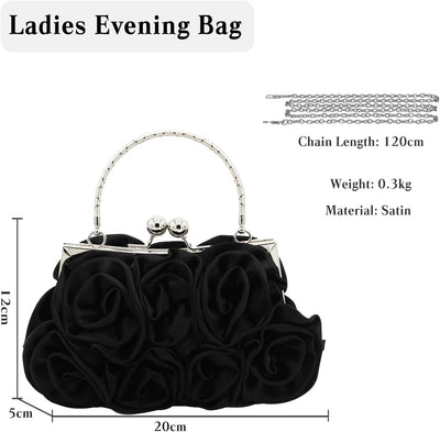 CORIOS Damen Elegante Abendtasche Blumen Clutch Tasche Handtasche mit Kette Kiss Lock Mini Rose Schu