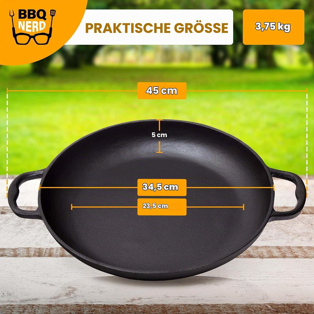 BBQ Nerd© Paellapfanne aus Gusseisen Ø 36 cm (6 Personen) | Antihaftpfanne mit Flachboden für tradit