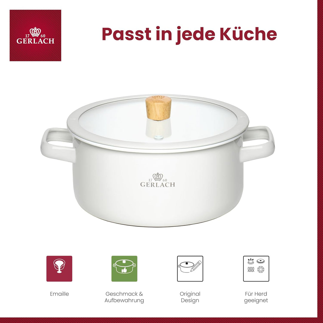 Gerlach 1760 Topf Kochtopf - 20 cm 3 L Emaille - Alle Herdarten - Deckel aus gehärtetem Glas - Weiss