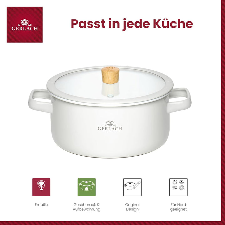 Gerlach 1760 Topf Kochtopf - 20 cm 3 L Emaille - Alle Herdarten - Deckel aus gehärtetem Glas - Weiss