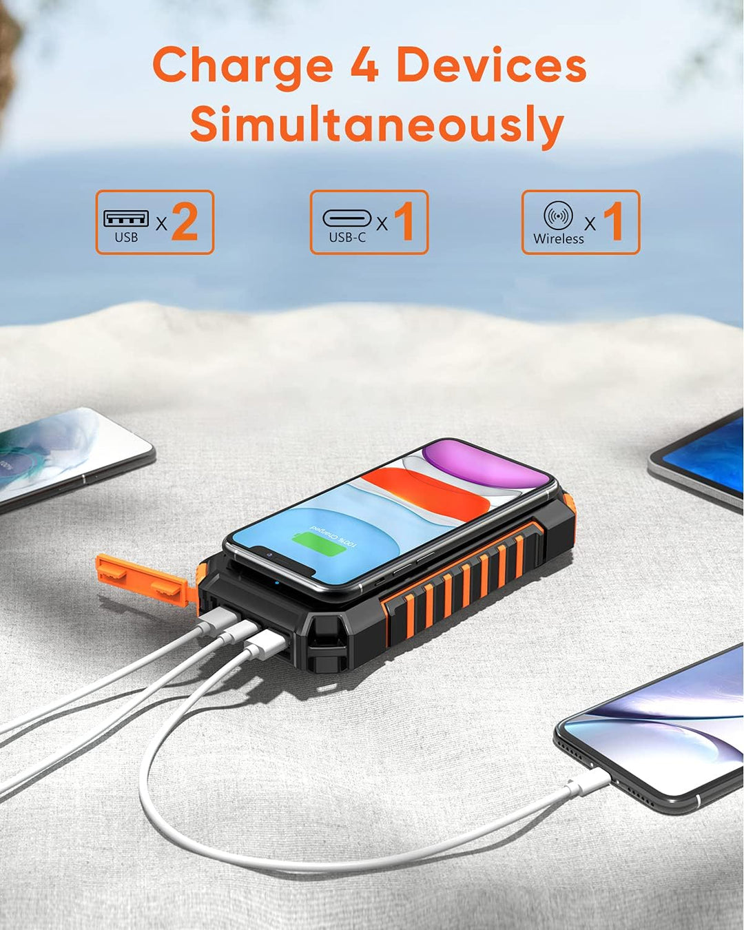 Hiluckey Wireless Solar Powerbank 26800mAh Wasserdichtes Solar Ladegerät USB C Externer Akku mit 4 O