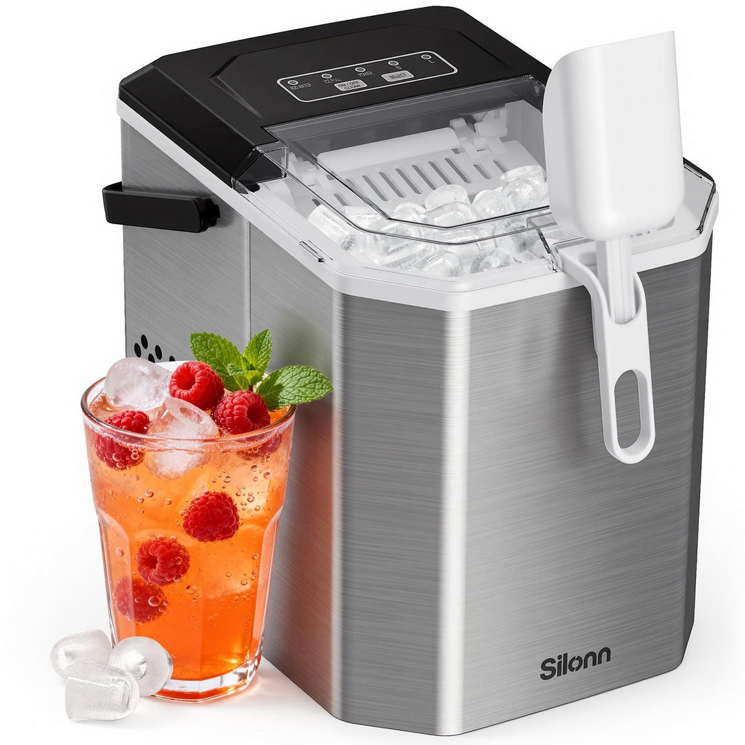 Silonn Eiswürfelmaschine mit Griff-Eiswürfelkorb – Tragbar &amp; Selbstreinigend, Mini Ice Maker 9 Eiswü