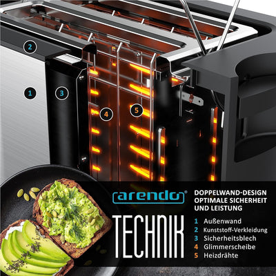 Arendo - Toaster 2 Scheiben Edelstahl mit Restzeitanzeige - 800 Watt - Doppelwandgehäuse - Integrier