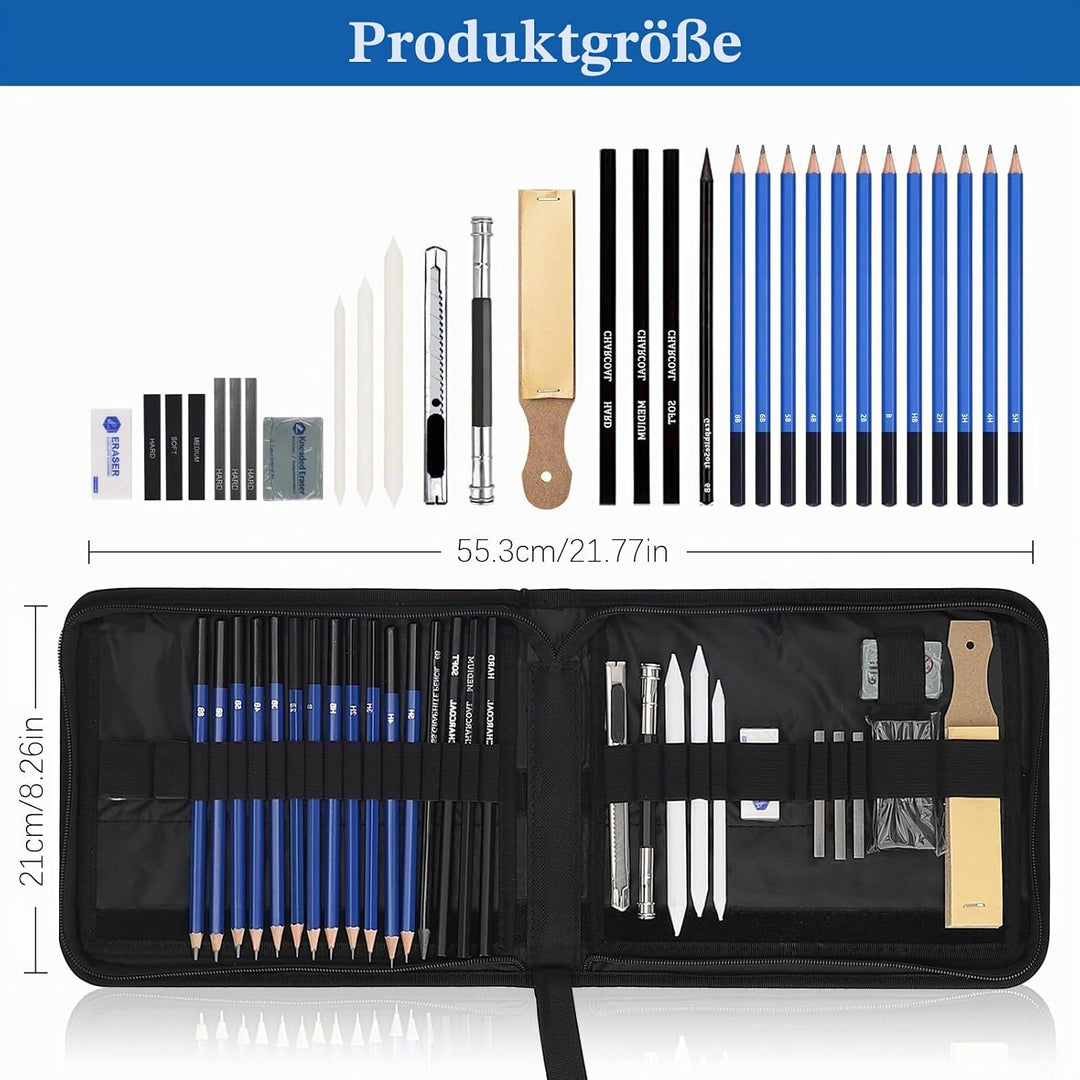 33 Stück Zeichen Set - Zeichen und Skizzier Set mit Skizzierstiften, Graphitstiften und Holzkohlesti