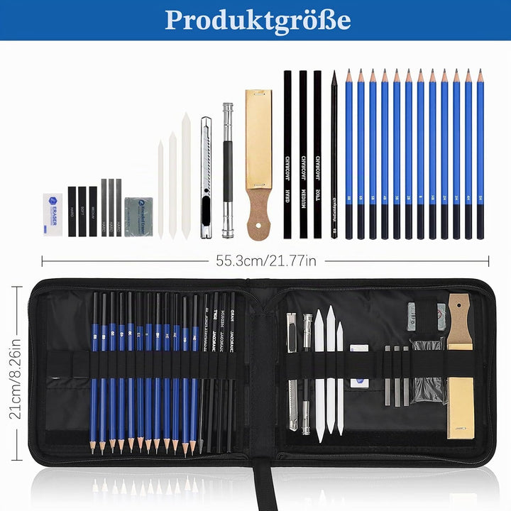 33 Stück Zeichen Set - Zeichen und Skizzier Set mit Skizzierstiften, Graphitstiften und Holzkohlesti