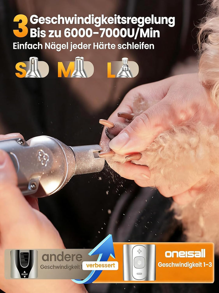 oneisall 4 in 1 Leise Schermaschine Hund Katze, 3-Gang Pfotentrimmer für Hunde bis zu 7000RPM, IPX7