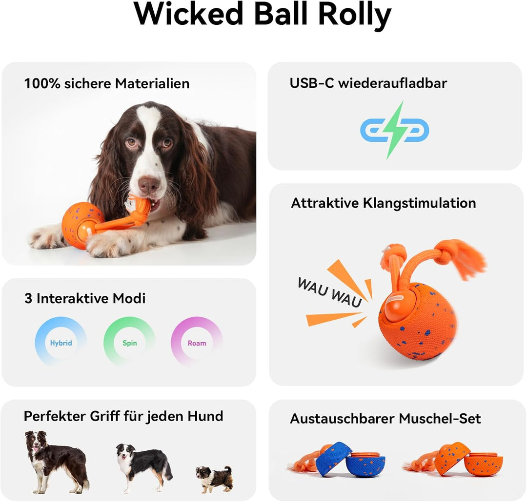Cheerble Wicked Ball Rolly, interaktiver Hundeball mit Seil &amp; Bellen Orange | Selbstrollendes Hundes