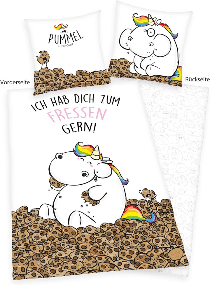 Pummeleinhorn Bettwäsche (135cmx200cm) mit Wendemotiv (Renforcé) - Zum Fressen gern