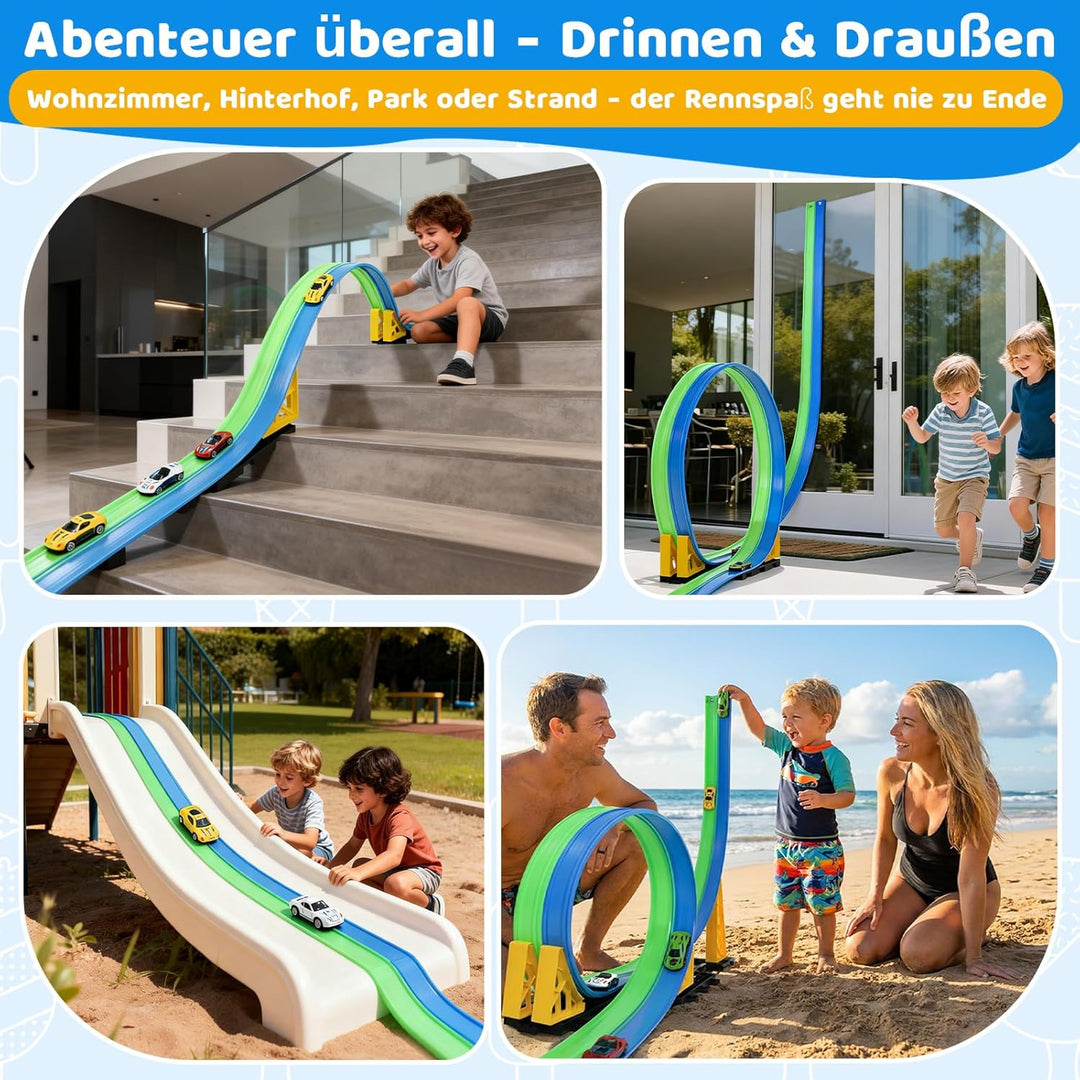 Flexible Autorennbahnen Kinder, 4.5M Rennbahn Inklusive 4 Autos, Tragbare Dual-Rennstrecke mit Rampe