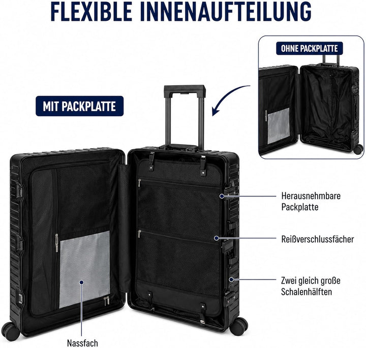 Travelhouse 100% Aluminium Reisekoffer Schwarz M-66cm Hartschalenkoffer 2X TSA Zahlenschloss 4 Silen
