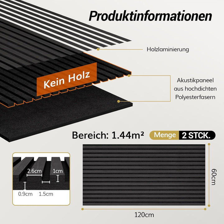TONOR Holzfurnier Akustikpaneele selbstklebend,1,44m²-2 Stück 120x60x1,9cm 3D Wandpaneele Holzoptik,
