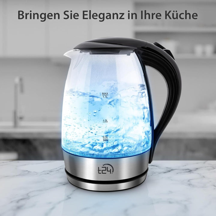 T24 LED Glas Wasserkocher 1,7 Liter mit LED-Beleuchtung, Trockenlaufschutz, BPA frei, 2200W (silber)