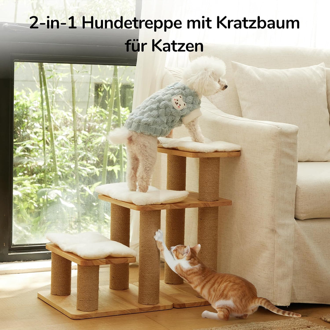 FUKUMARU Hundetreppe, 3 Stufen Haustiertreppe, Katzentreppe aus natürlichem Gummiholz und Jute，18-51