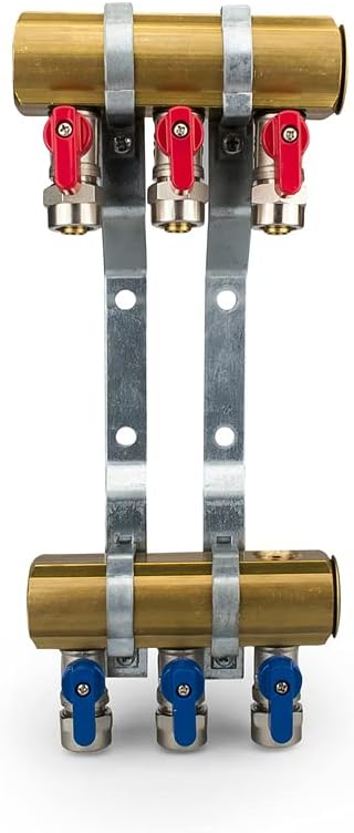 Messing Heizkreisverteiler 3 Heizkreise Set mit 6 x PEX Kugelhahn mit Klemmring 16mm x 1/2" AG & 2 x