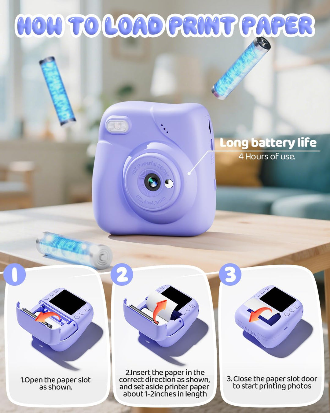 CAMCLID Kinderkamera Sofortbildkamera, 1080P Sofortbildkamera Kinder mit 32GB Karte & 3 Rollen Druck