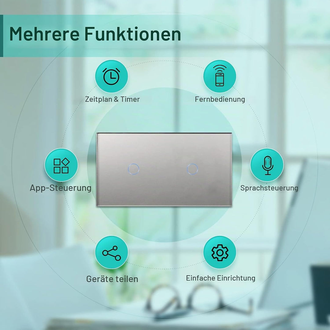 BSEED Doppelschalter Smart Alexa Lichtschalter aus Glas, WiFi Touch Wandschalter 1 Fach 1 Weg (Neutr