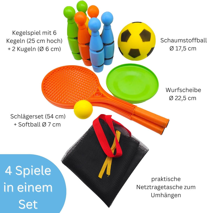 alldoro 60042 XXL-Outdoor-Spiel-Set, Kunststoff, mit Kegelspiel, Fussball, Wurfscheibe und Soft-Tenn