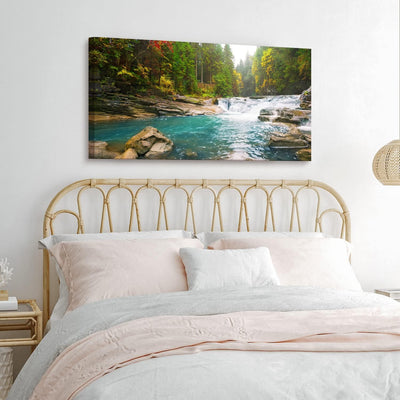 PICANOVA – Leinwandbild Waldfluss Wasserfall 100x50cm – Premium Leinwanddruck – Wandbild Kunstdruck