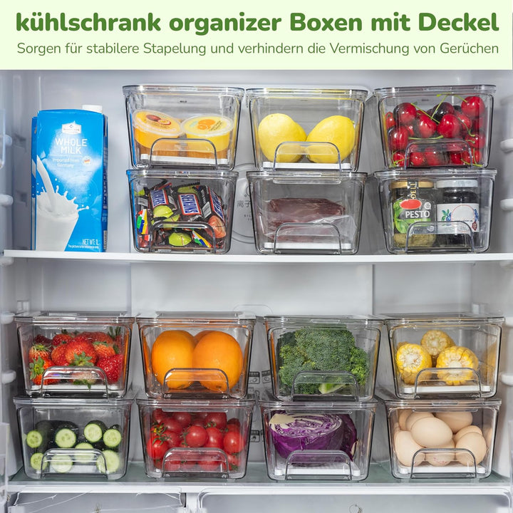 Antimbee 4er-Pack Kühlschrank Organizer Schublade, Stapelbare Organizer Kühlschrank mit Deckel, Aufb